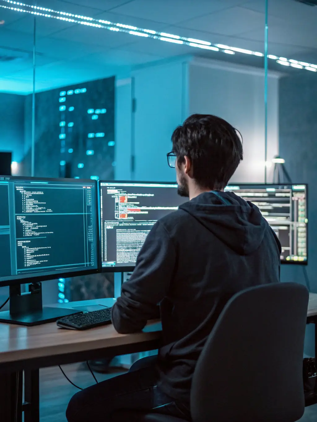A developer working on code with multiple screens displaying software interfaces, symbolizing Software Development expertise.