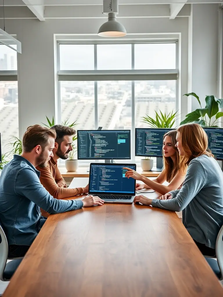 A team of software developers collaborating on coding a new application in a modern office setting, showcasing CSV Consulting's software development expertise.
