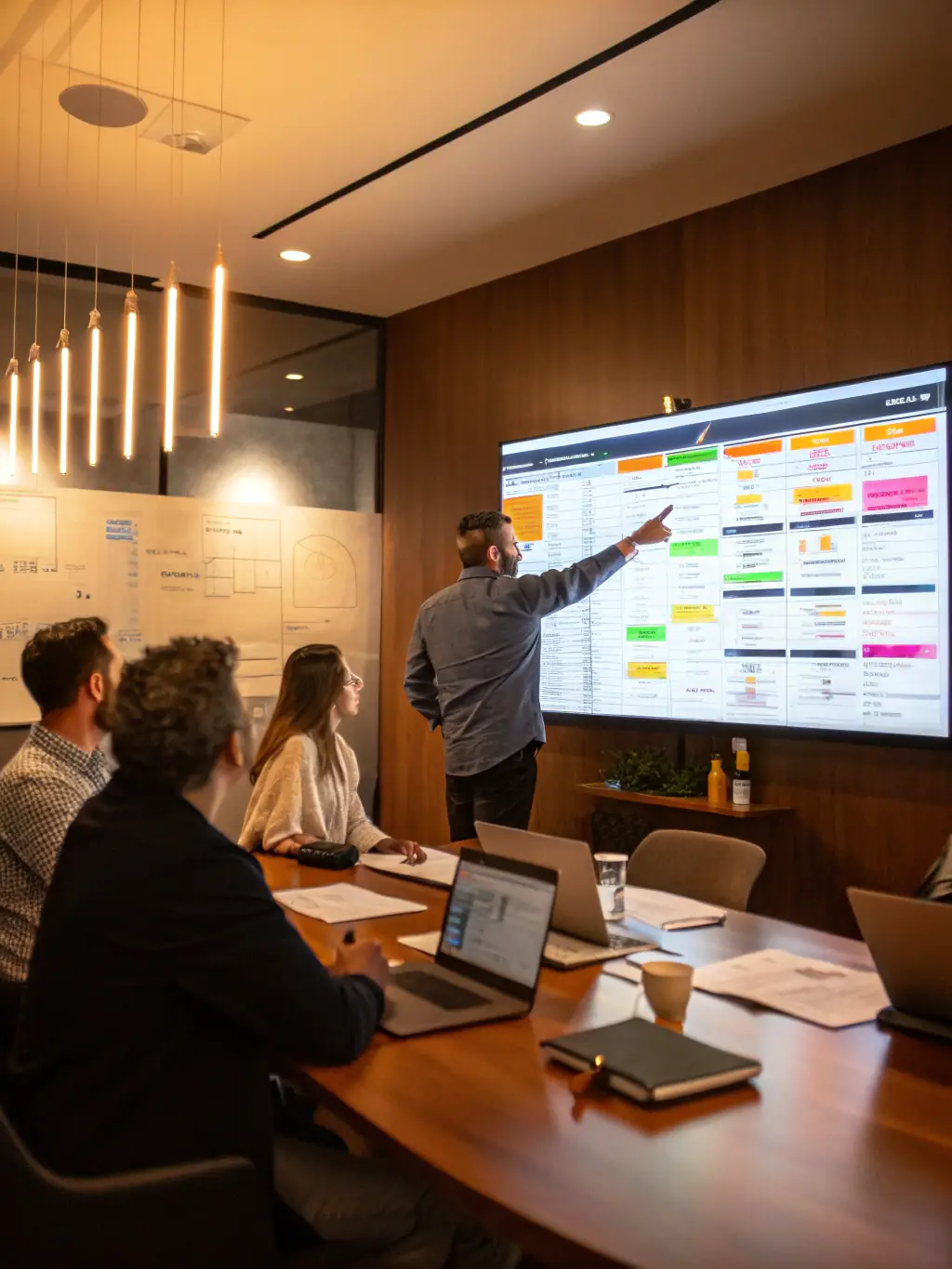 A project manager leading a team meeting, using Gantt charts and project management software to illustrate CSV Consulting's project management capabilities.