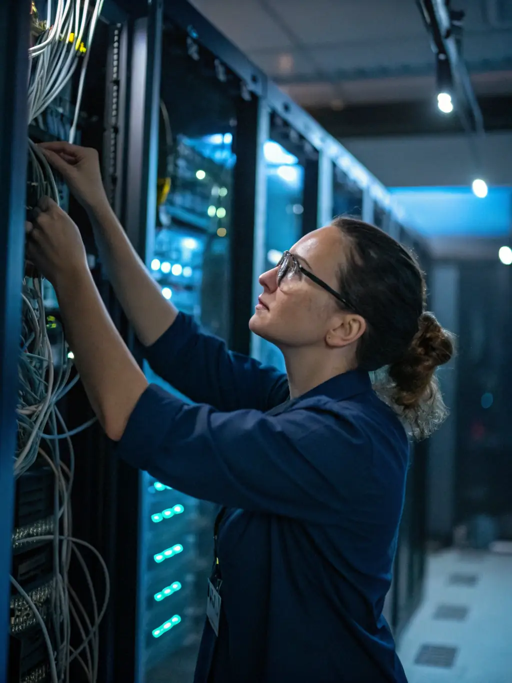 A network engineer configuring servers and network infrastructure in a data center, representing CSV Consulting's systems integration services.