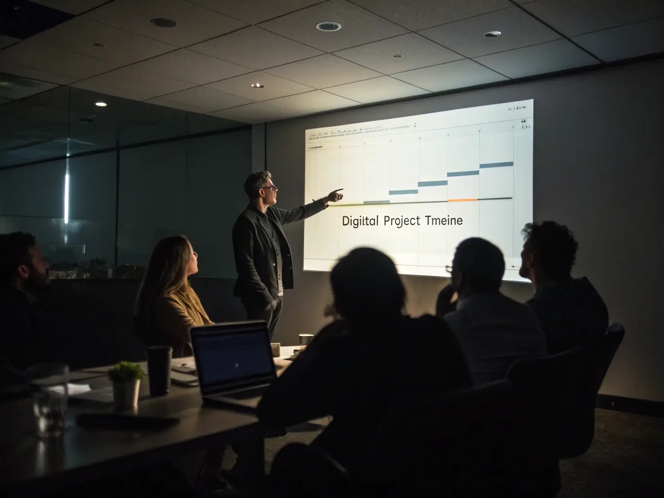 A project manager coordinating multiple teams with a Gantt chart and system diagrams, representing Systems Integration & Project Management services.