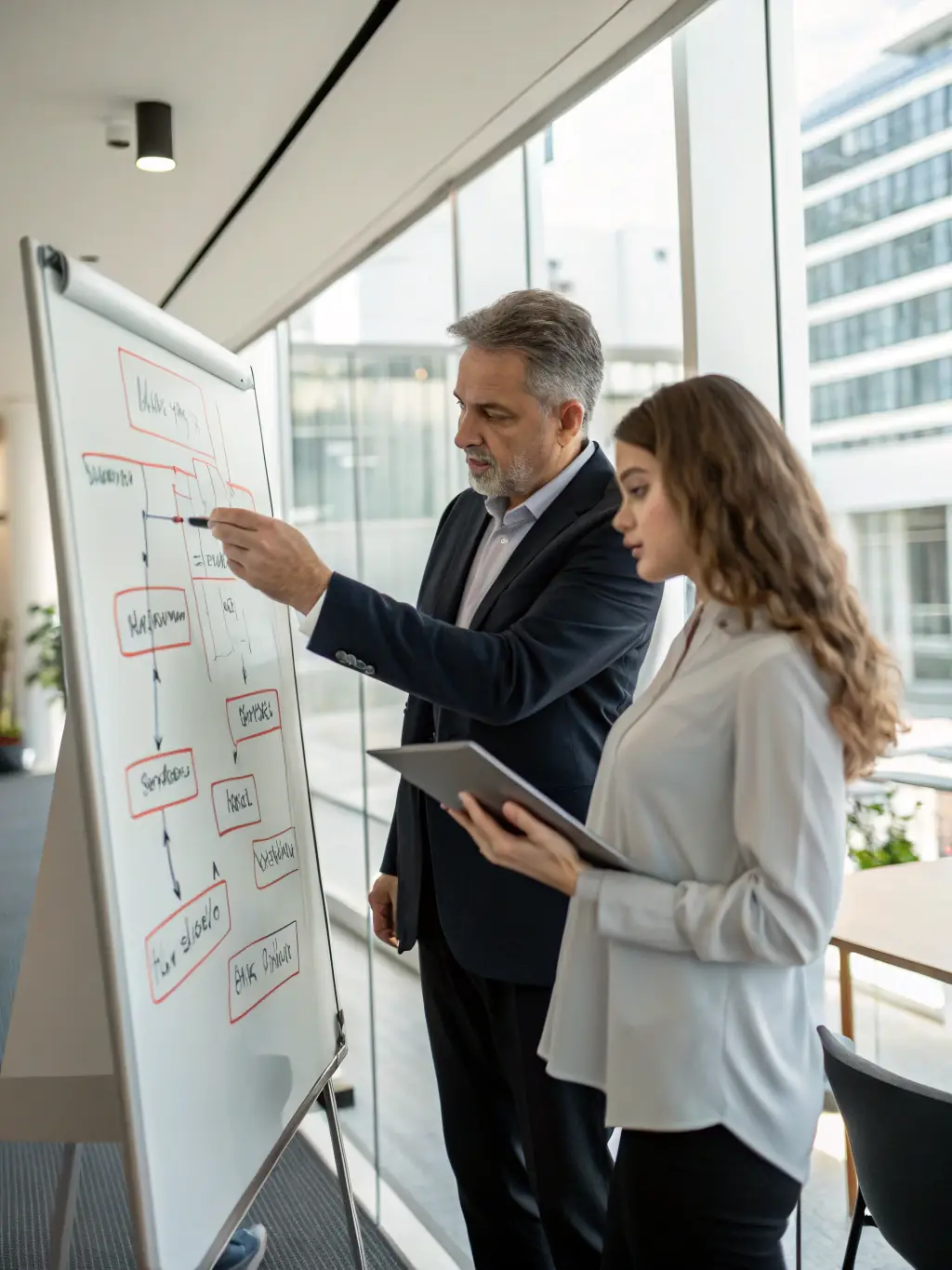 A consultant presenting a digital transformation strategy to a client, using visual aids to explain the benefits and roadmap.