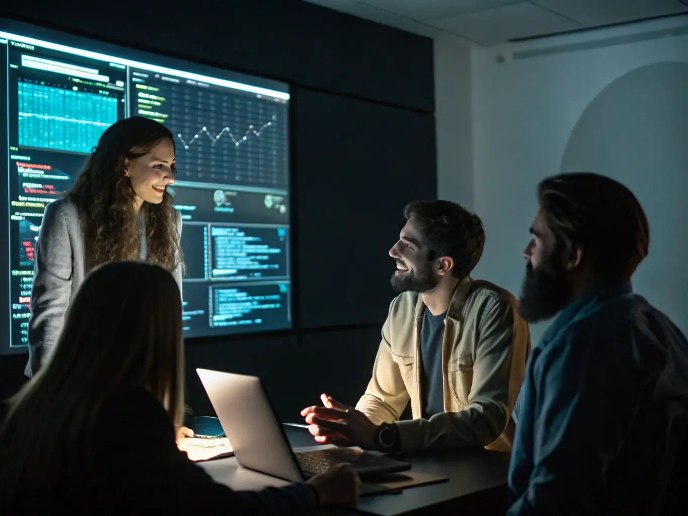 An image showing a team of IT consultants collaborating over digital dashboards and strategy plans, representing IT Consulting & Digital Transformation services.