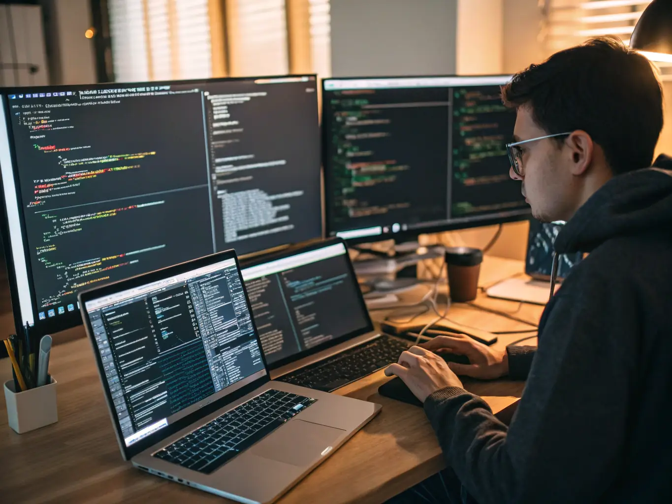 A developer working on code with multiple screens displaying software interfaces, representing Software Development services.